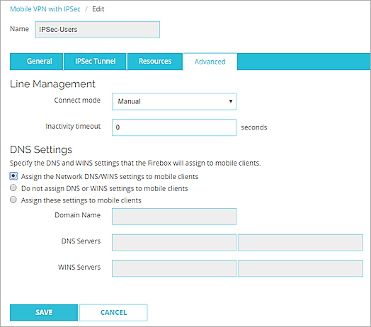 Captura de pantalla de la página Configurar Mobile VPN with IPSec, pestaña Avanzado