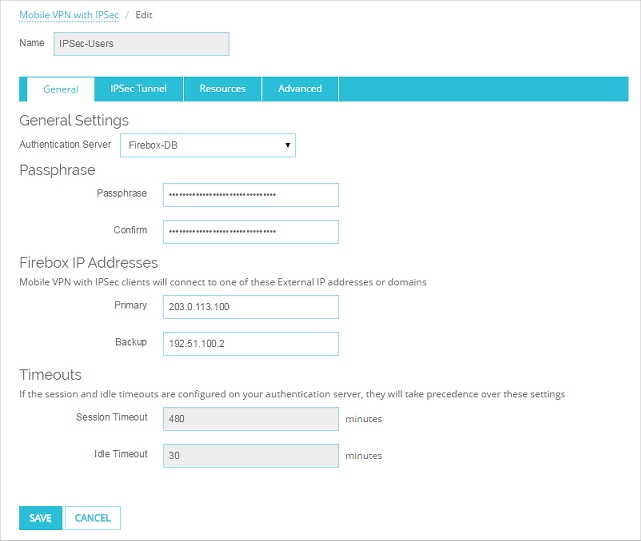 Captura de pantalla de la página Configurar VPN de Usuario Móvil with IPSec, pestaña General