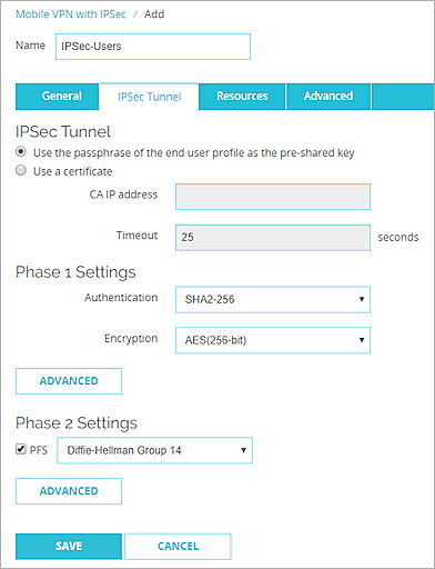 Captura de pantalla de la página Configurar MVPN with IPSec, editar IPSec, pestaña Túnel IPSec