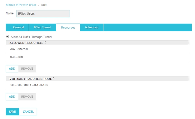 Captura de pantalla de la página Configurar MVPN with IPSec, pestaña Recursos