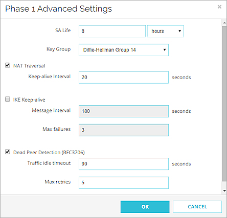 Captura de pantalla de la página de Configuraciones de MVPN with IPSec, Configuraciones Avanzada de Fase 1
