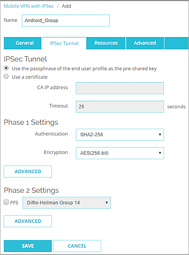 Captura de pantalla de la Configuración de Mobile VPN with IPSec, pestaña Túnel IPSec