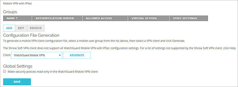 Captura de pantalla de la página de configuración de Mobile VPN with IPSec
