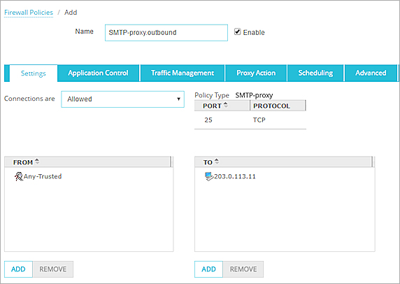 Captura de pantalla de la política SMTP saliente