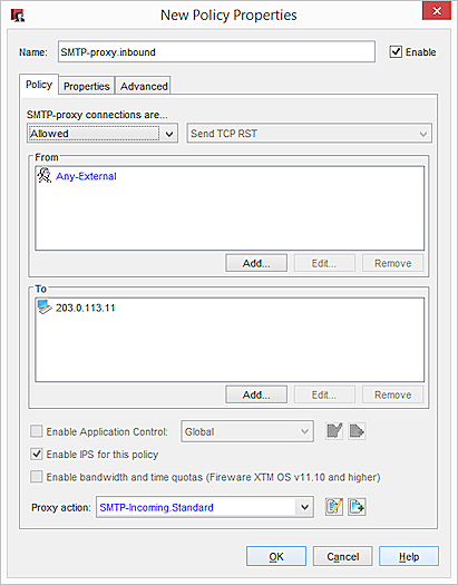 Captura de pantalla de la política SMTP entrante