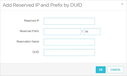 Captura de pantalla del cuadro de diálogo Agregar IP y Prefijo Reservado por medio de DUID