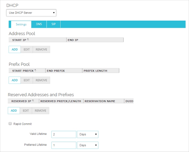 Captura de pantalla de los ajustes del Servidor IPv6 DHCP para una interfaz de confianza u opcional