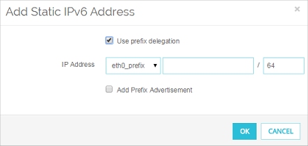Captura de pantalla del cuadro de diálogo Agregar Dirección IPv6 Estática con la casilla de selección Utilizar delegación de prefijo seleccionada