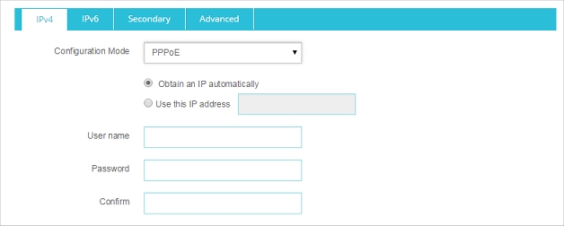 Captura de pantalla de la página de la Configuración de la Interfaz: Externa, sección de la configuración PPPoE.