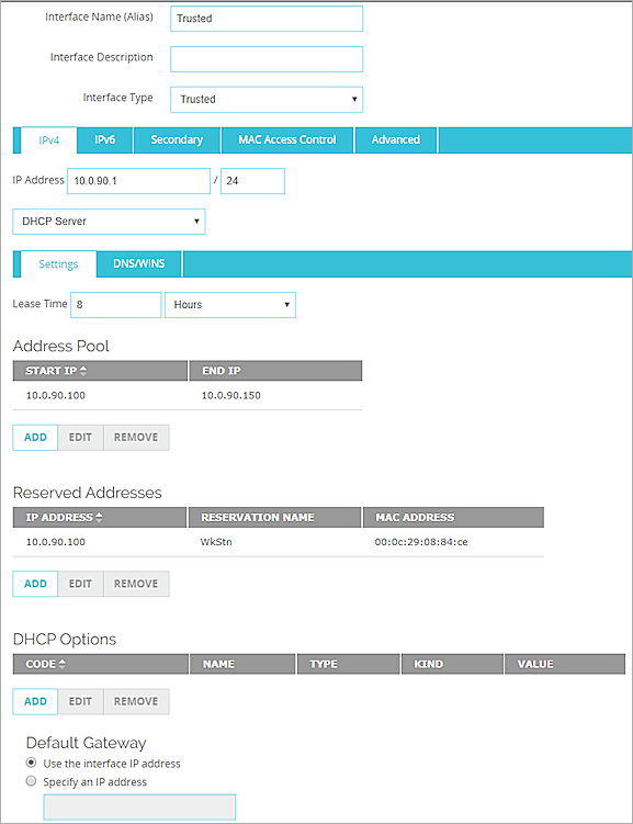 Captura de pantalla de las configuraciones de uso del Servidor DHCP
