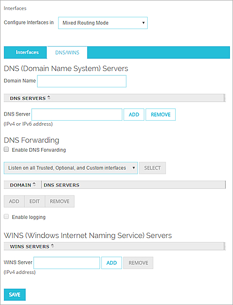Captura de pantalla de la página de Interfaces de Red, Servidores DNS y sección de Servidores WINS
