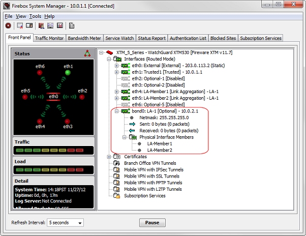 Captura de pantalla de la pestaña del Panel delantero de Firebox System Manager que muestra el estado de la interfaz de agregación de enlaces