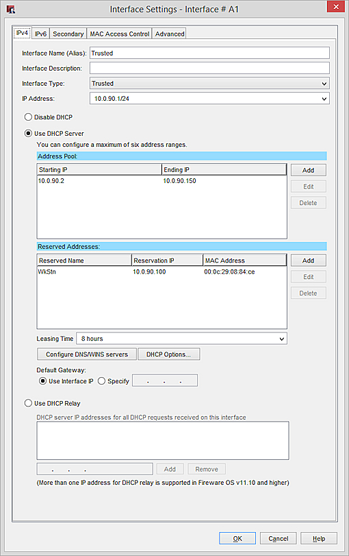 Captura de pantalla de las configuraciones de la interfaz del Servidor DHCP