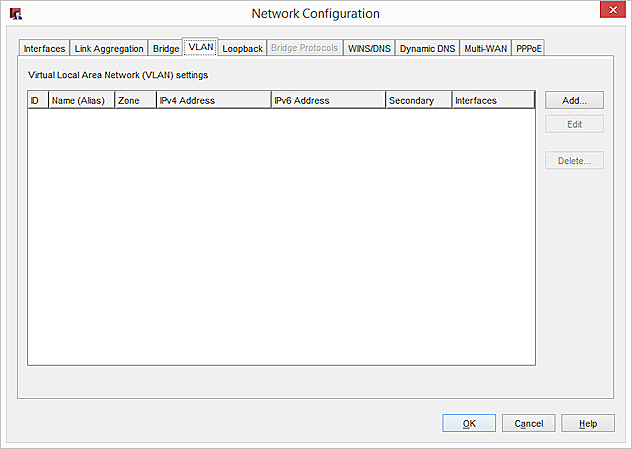 Captura de pantalla del cuadro de diálogo Configuración de red, pestaña VLAN.