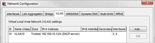 Captura de pantalla del cuadro de diálogo Configuración de Red, pestaña VLAN.