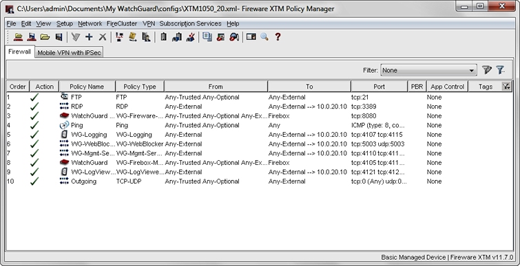 Captura de pantalla de la Vista Detalles del Administrador de la Política de Fireware