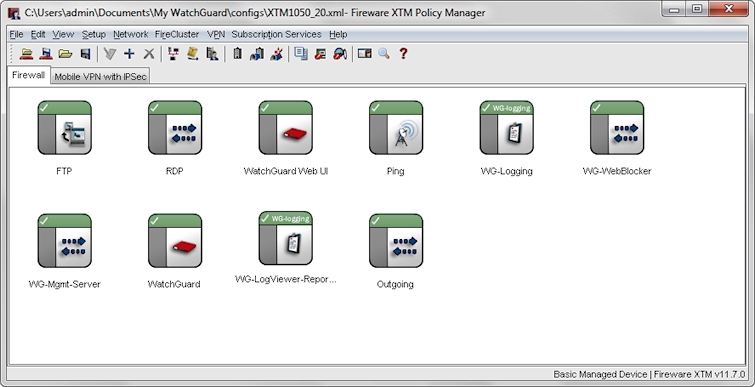 Captura de pantalla de la Vista Iconos grandes del Administrador de la política de Fireware