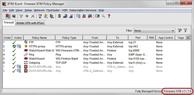 Captura de pantalla del Policy Manager de Fireware XTM para un archivo de configuración v11.7