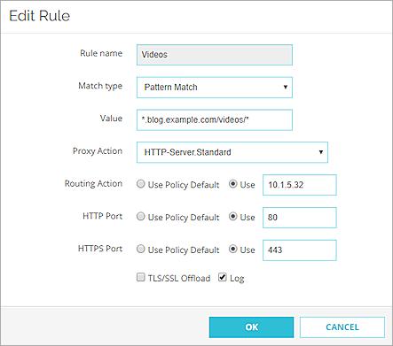 Captura de pantalla del cuadro de diálogo Editar Regla para la regla de contenido en Fireware Web UI
