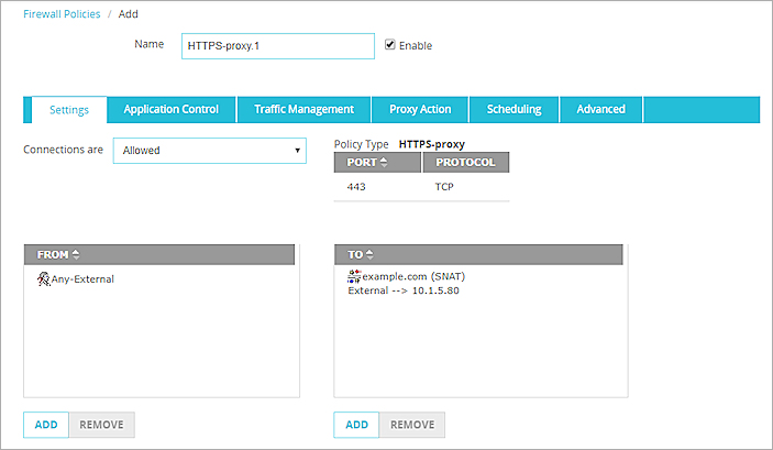 Captura de pantalla de una política de proxy HTTPS, pestaña Configuración con una acción SNAT configurada