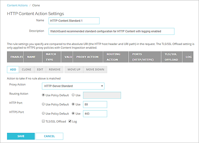 Captura de pantalla de la página de Configuración de Acción de Contenido HTTP en Fireware Web UI