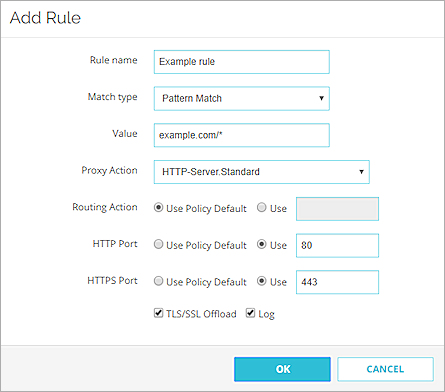 Captura de pantalla de una regla de contenido con Descarga TLS/SSL habilitada en Fireware Web UI