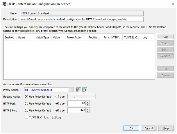 Captura de pantalla del cuadro de diálogo configuración de Acción de Contenido HTTP en Policy Manager