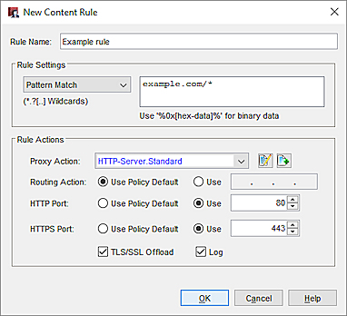 Captura de pantalla de una regla de contenido con Descarga TLS/SSL habilitada