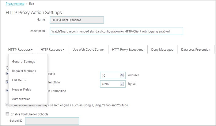 Captura de pantalla de las configuraciones Editar solicitud HTTP de acción de proxy para la acción de proxy HTTP cliente.
