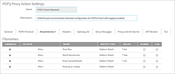 Captura de pantalla de la página Editar la Acción de Proxy para el Cliente POP3, Adjuntos > Nombres de archivo