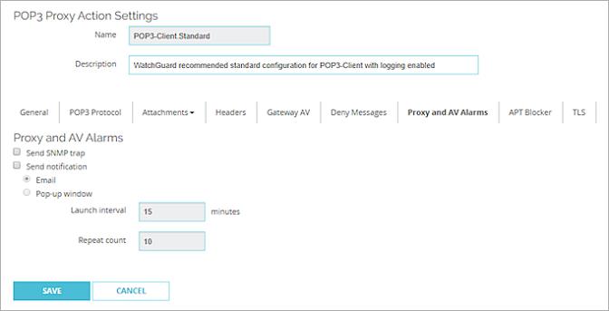 Captura de pantalla de la configuración de Proxy y Alarmas AV