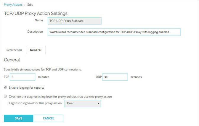 Captura de pantalla de la configuración de Acción de Proxy para el proxy TCP-UDP