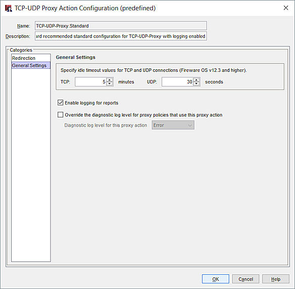 Captura de pantalla del cuadro de diálogo Configuración de la Acción Proxy TCP-UDP, categoría Configuración General