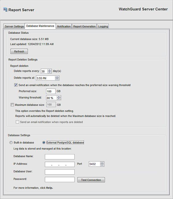 Captura de pantalla de la pestaña Mantenimiento de la base de datos del Report Server (con la configuración para la base de datos externa)