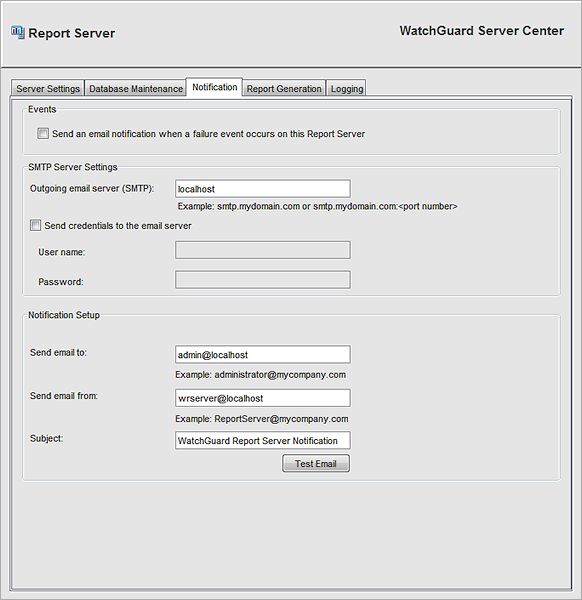 Captura de pantalla de la pestaña Notificación del Report Server