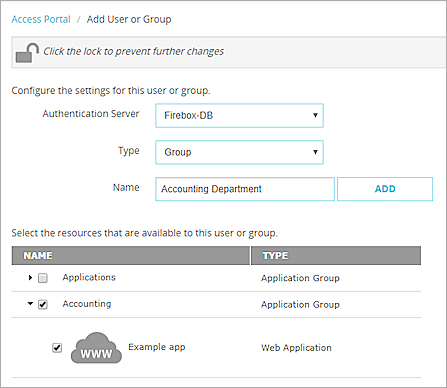 Captura de pantalla de la página Agregar Usuario o Grupo en el Access Portal