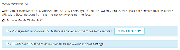 Captura de pantalla de un mensaje en la página de Mobile VPN with SSL