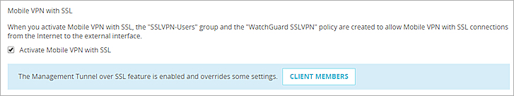 Captura de pantalla de un mensaje en los ajustes de Mobile VPN with SSL