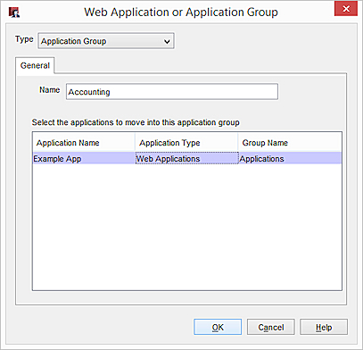 Captura de pantalla del cuadro de diálogo Aplicación Web o Grupo de Aplicaciones