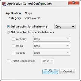 Captura de pantalla del cuadro de diálogo Configuración de Application Control para la aplicación Skype