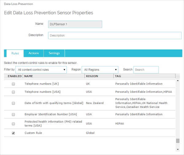 Captura de pantalla de la página Data Loss Prevention, DLP Wizard con regla personalizada