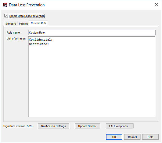 Captura de pantalla del cuadro de diálogo Data Loss Prevention, pestaña Regla Personalizada