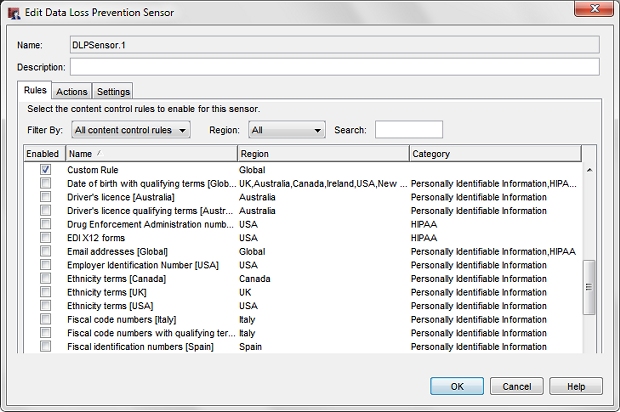 Captura de pantalla del cuadro de diálogo Data Loss Prevention, DLP Wizard con regla personalizada