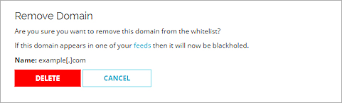 Captura de pantalla de la confirmación Eliminar Dominio para un dominio de Lista Blanca