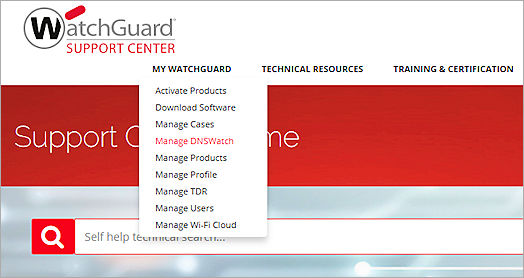 Captura de pantalla del menú Mi WatchGuard del Centro de Soporte de WatchGuard 