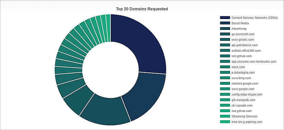Captura de pantalla del informe 20 Principales Dominios Solicitados de DNSWatch