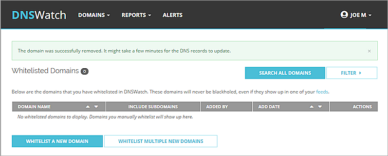 Captura de pantalla de la Lista Blanca de DNSWatch