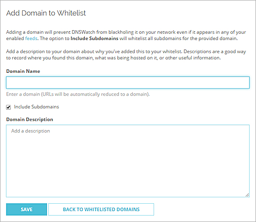 Captura de pantalla de la página Agregar Dominio a la Lista Blanca