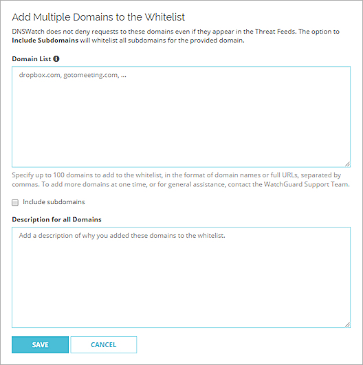 Captura de pantalla de la página Agregar Múltiples Nuevos Dominios a la Lista Blanca