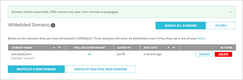 Captura de pantalla de la Lista Blanca con un dominio agregado